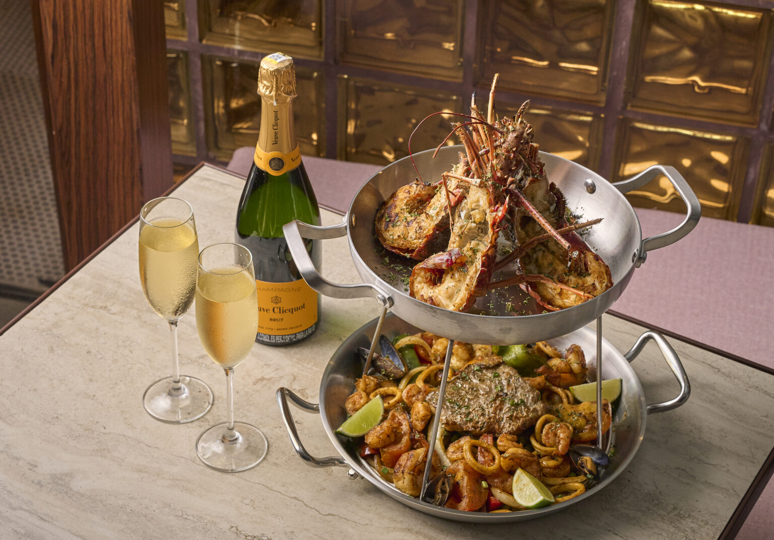Grilled seafood tower and champagne at Buena Vida, Cartagena